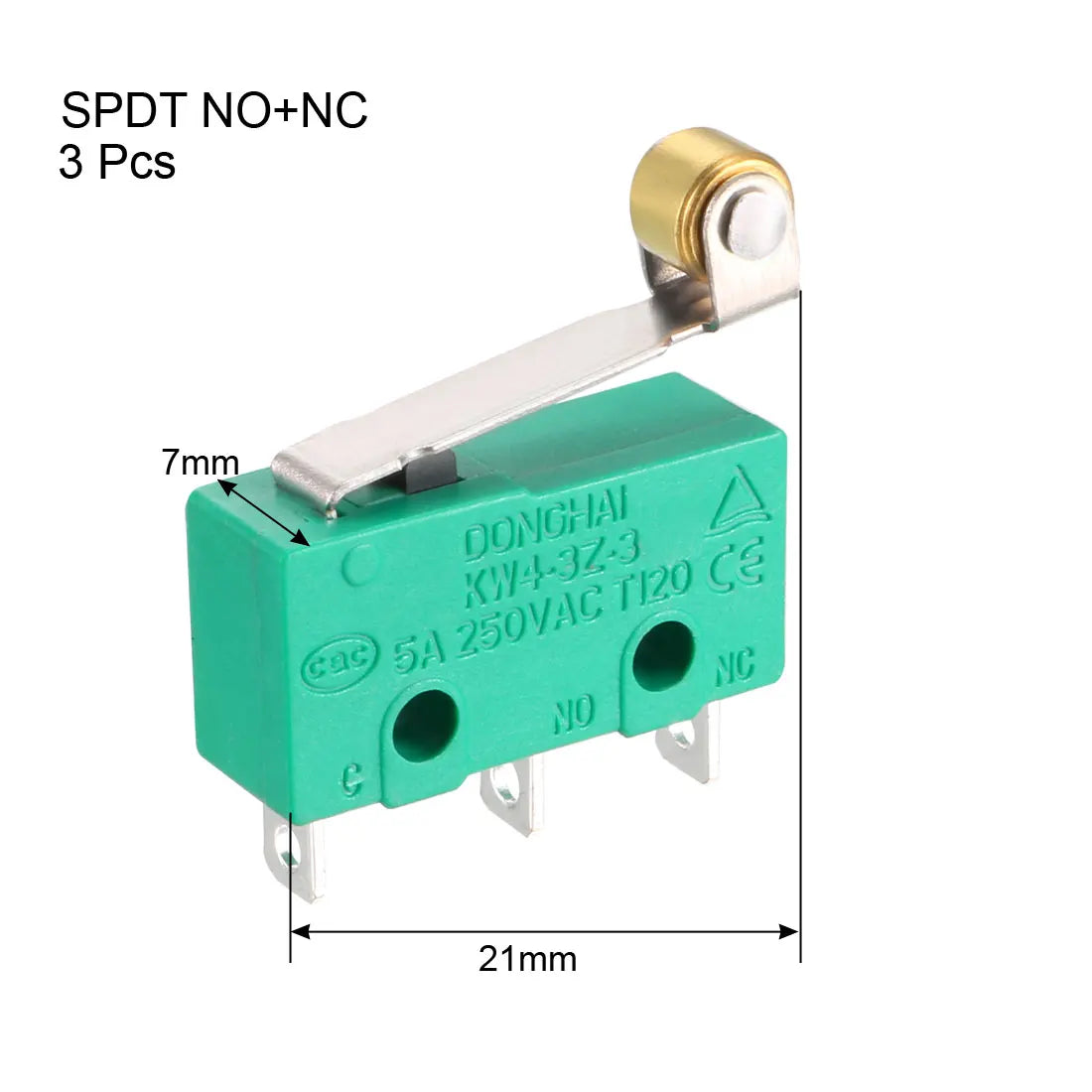 3Pcs KW4-3Z-3 Micro Limit Switch SPDT NO NC 3 Terminals Momentary Hinge Roller Lever Green Microswitch Miniature Micro Switch Quake