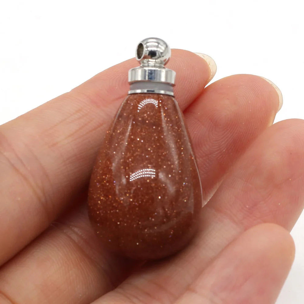 Natural Stone Perfume Bottle Pendant Round Drop Shaped Semi-precious Exquisite Charms For Jewelry Making DIY Necklace Accessory Quake Gold Sand Stone