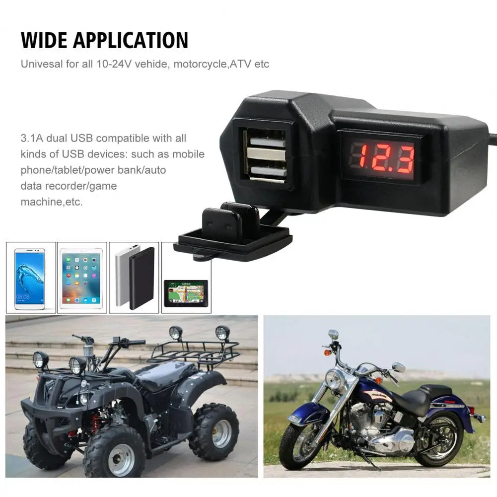 Motorcycle Multifunctional Dual USB Mobile Phone Charger Adapter with Dustproof Cover Motorcycle Handlebar Charger Voltmeter Quake