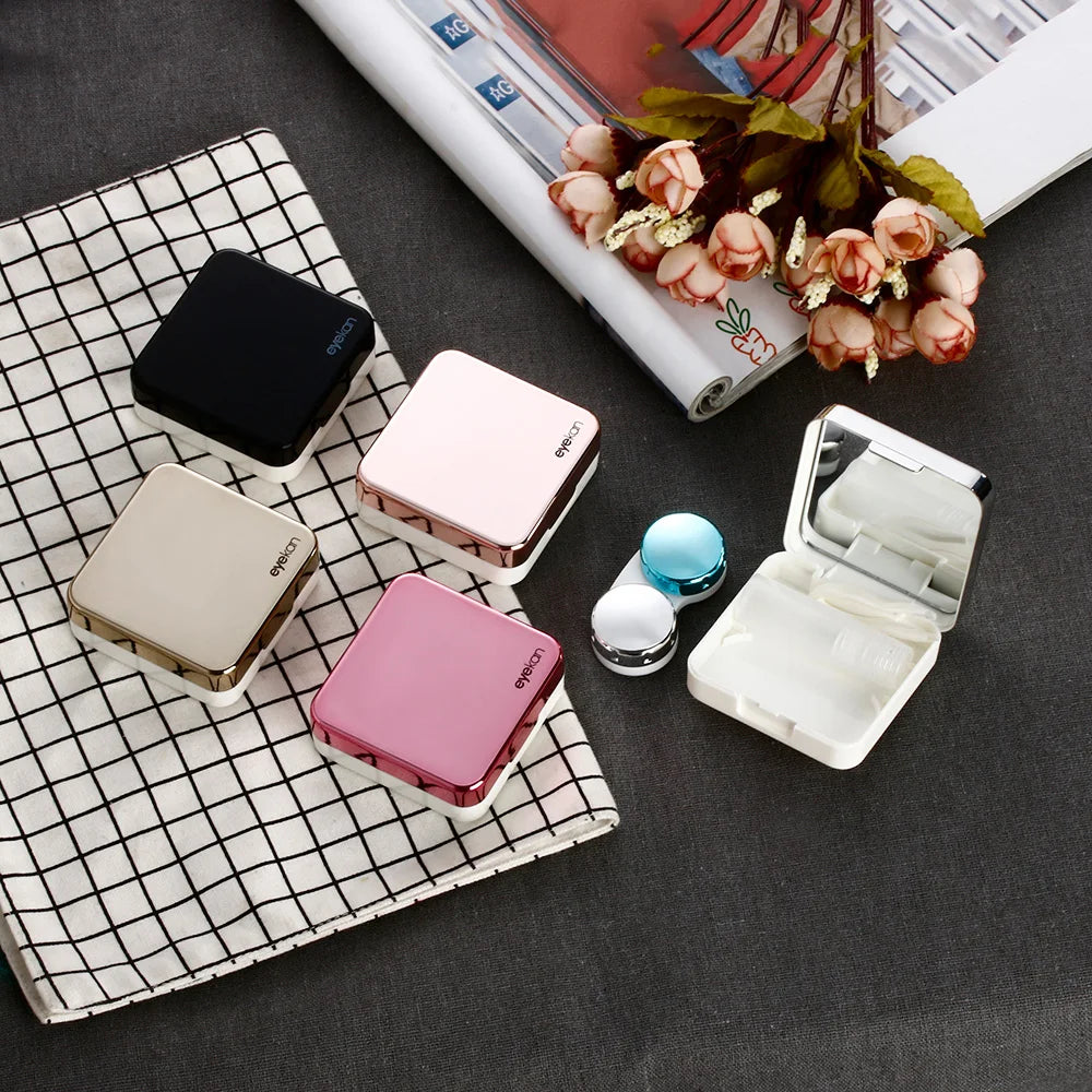 New Fashion Contact Lens Box ABS Plastic Square Mirror Lens Case Travel Container Holder Storage Soaking Box Case Quake