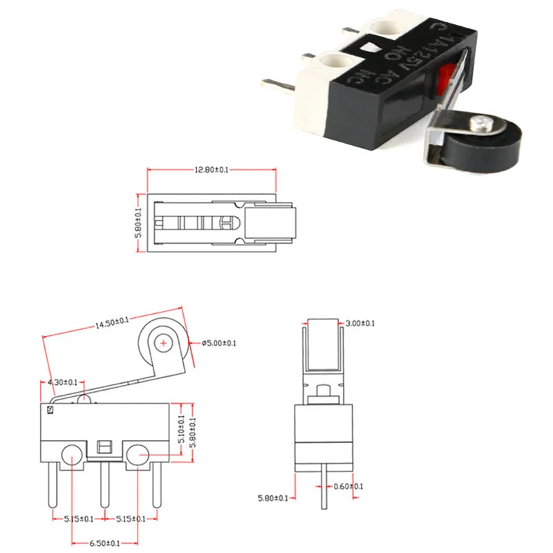 2Pcs Micro Limit Switch Mouse Button Tact Switch Without Handle/ With Handle/ With Handle Roller Micro Switch 1A 125V AC 3Pins Quake