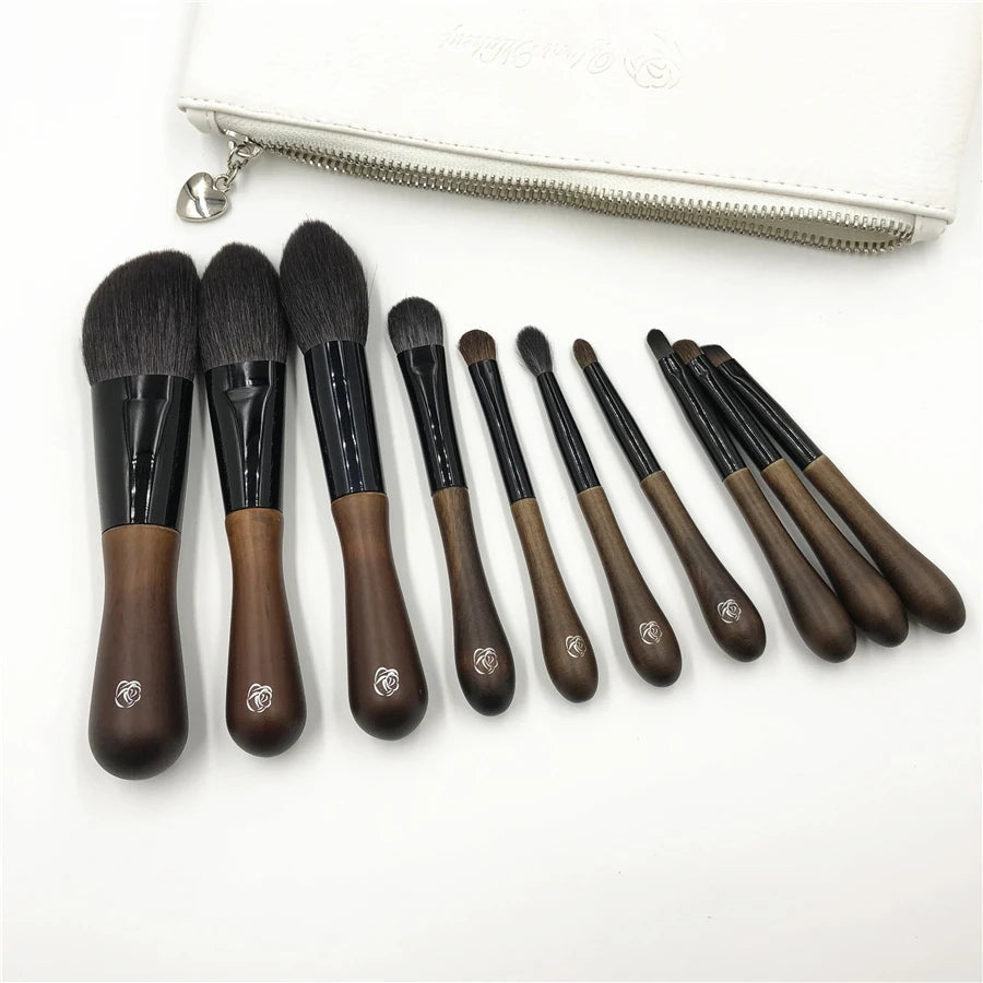 Goat Hair 10Pcs Makeup Brush Set Professional Wood Powder Blush Highlighter Eye Cosmetic Brush Kit with Bag Brochas Maquillaje Quake Default Title