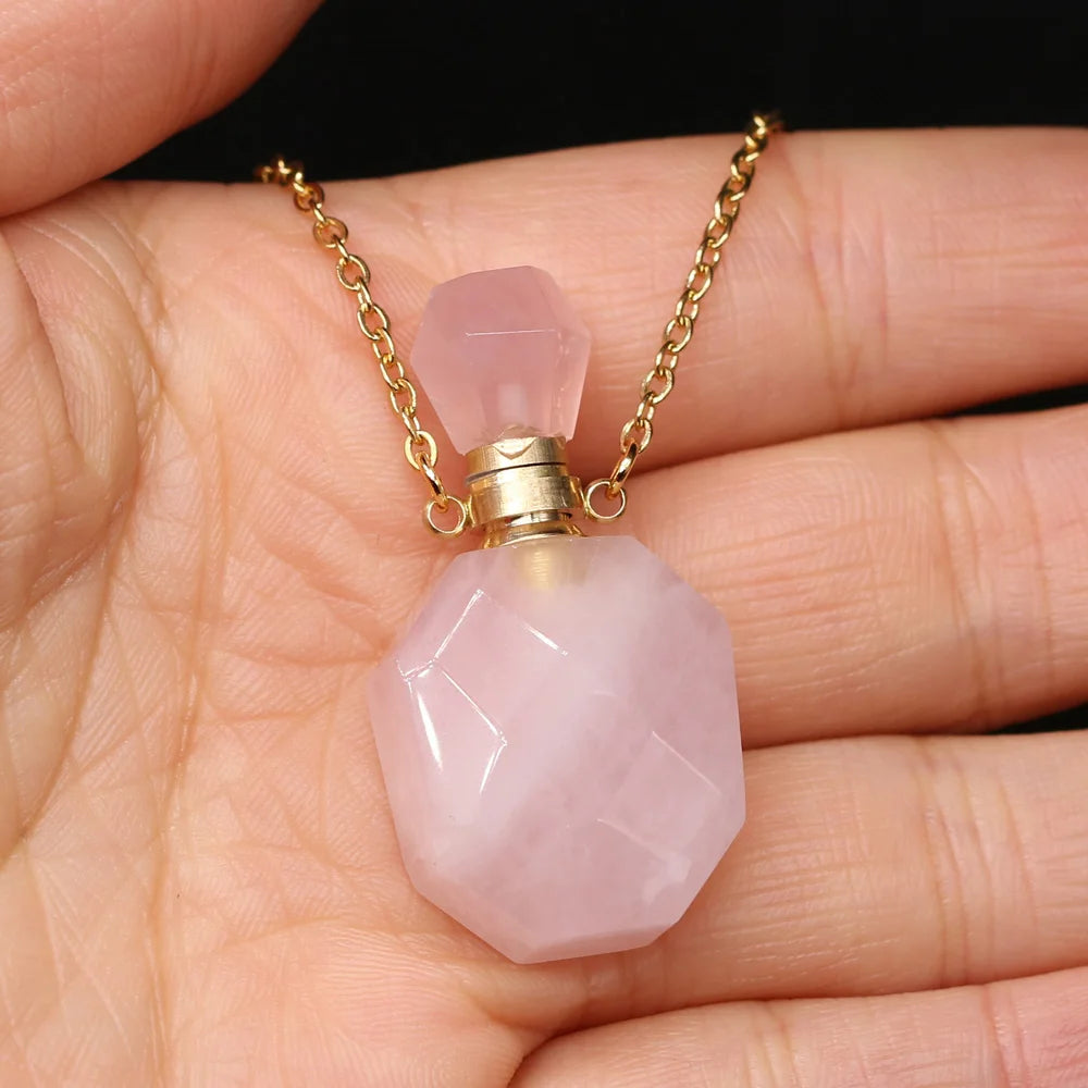 Natural Stone Perfume Bottle Necklace Pink Quartz Pendant Charms For Elegant Women Love Romantic Gift 60 CM Quake 18x36x14mm 60cm