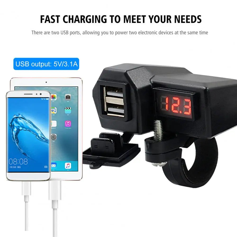 Motorcycle Multifunctional Dual USB Mobile Phone Charger Adapter with Dustproof Cover Motorcycle Handlebar Charger Voltmeter Quake