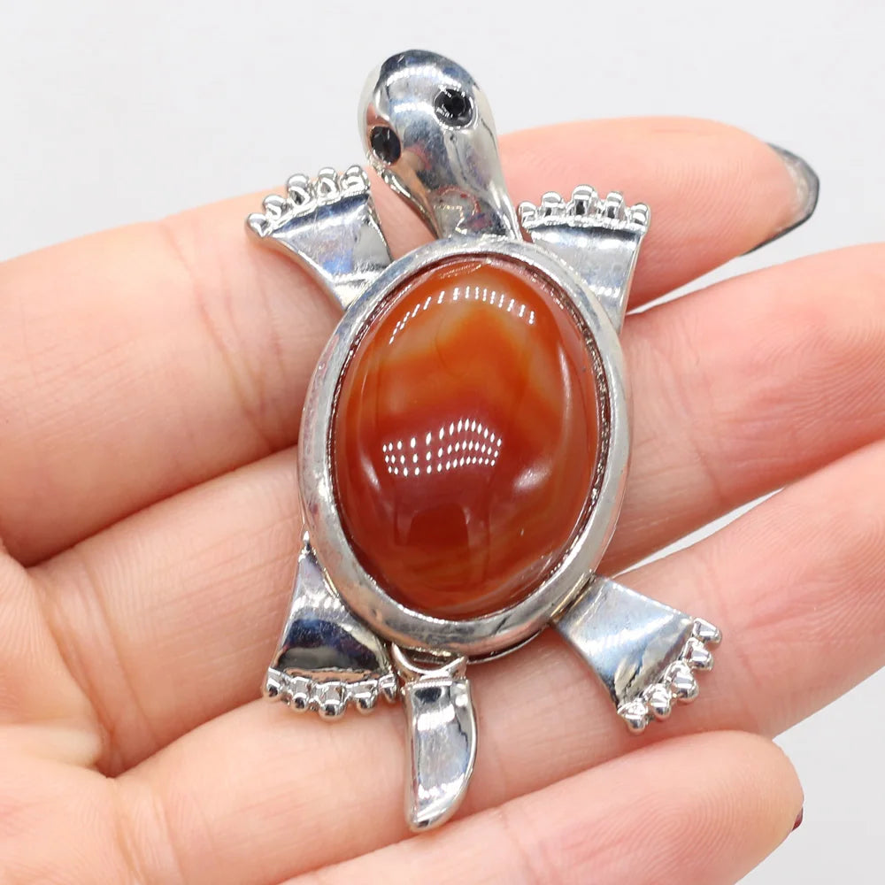 Women's Pendant Natural Stone Alloy Pendant Tortoise-Shaped For Jewelry Making DIY Necklace Bracelet Clothes Shirts Accessory Quake Red Agate