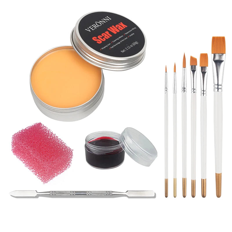 2/4/5PCS SFX Makeup Set Special Effect Halloween Party Wound Scar Wax Makeup with Spatula Sponge to Create a Blood Splash Shape Quake 5pcs-01-6 brushes
