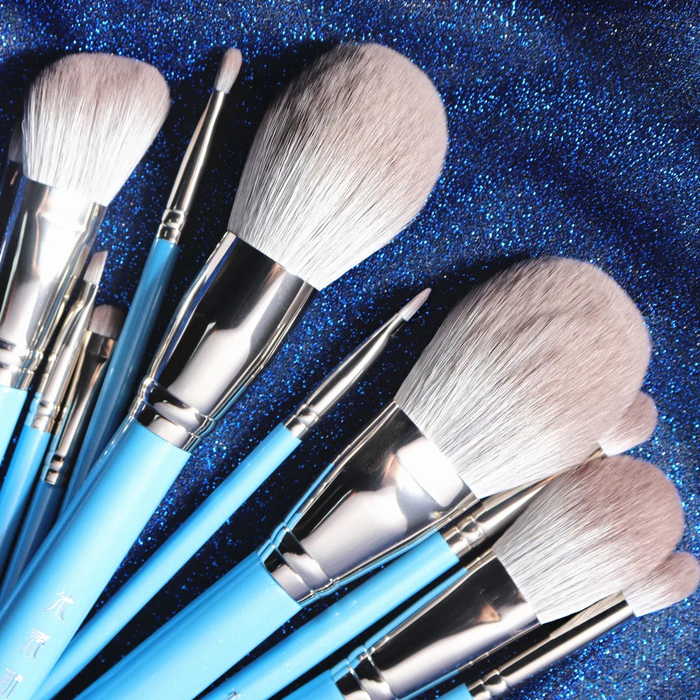 MY Destiny 13Pcs Makeup Brushe Set Pearly Blue Wood Handle Soft Synthetic Hair Powder Blusher Bronzer Eyeshadow Cosmetic Brush Quake
