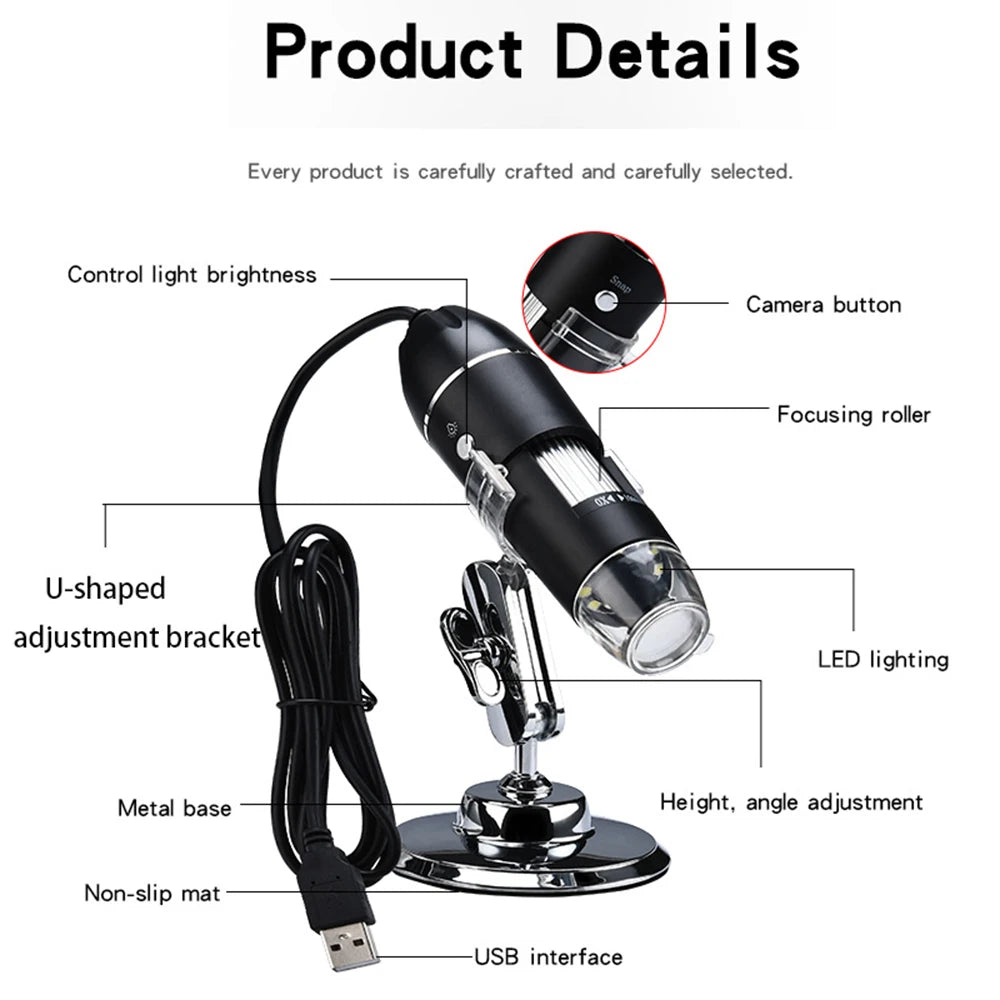 1000 1600x USB Digital Microscope Camera Endoscope 8LED Magnifier with Metal Stand for Mobile Phone Repairing Hair Skin Quake