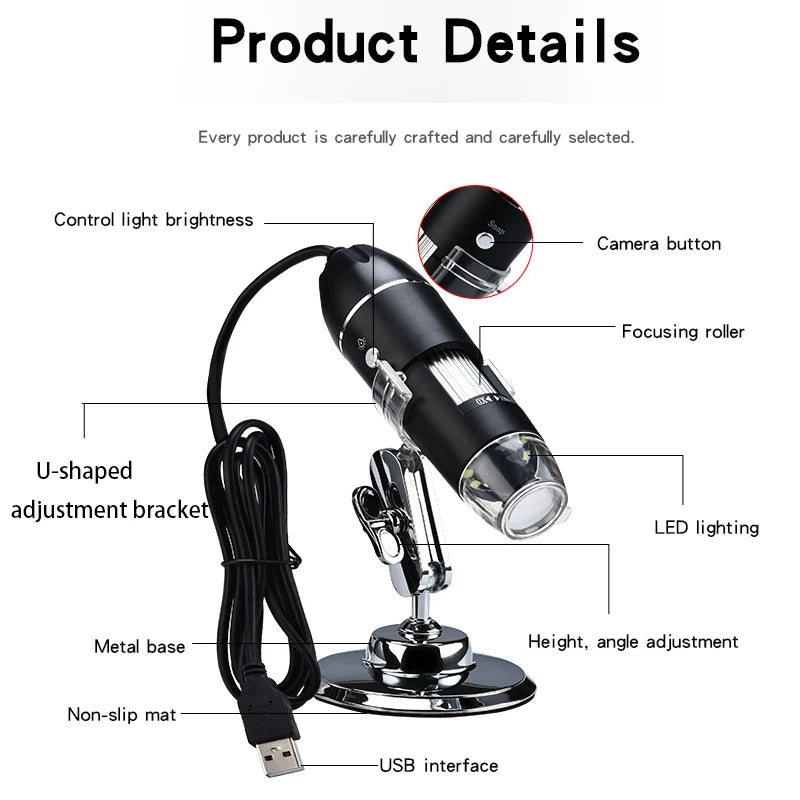 1600X 1000X USB Microscope Handheld Portable Digital Microscope USB Interface Electron Microscopes with 8 LEDs with Bracket Quake