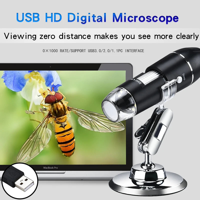 1600X 1000X USB Microscope Handheld Portable Digital Microscope USB Interface Electron Microscopes with 8 LEDs with Bracket Quake