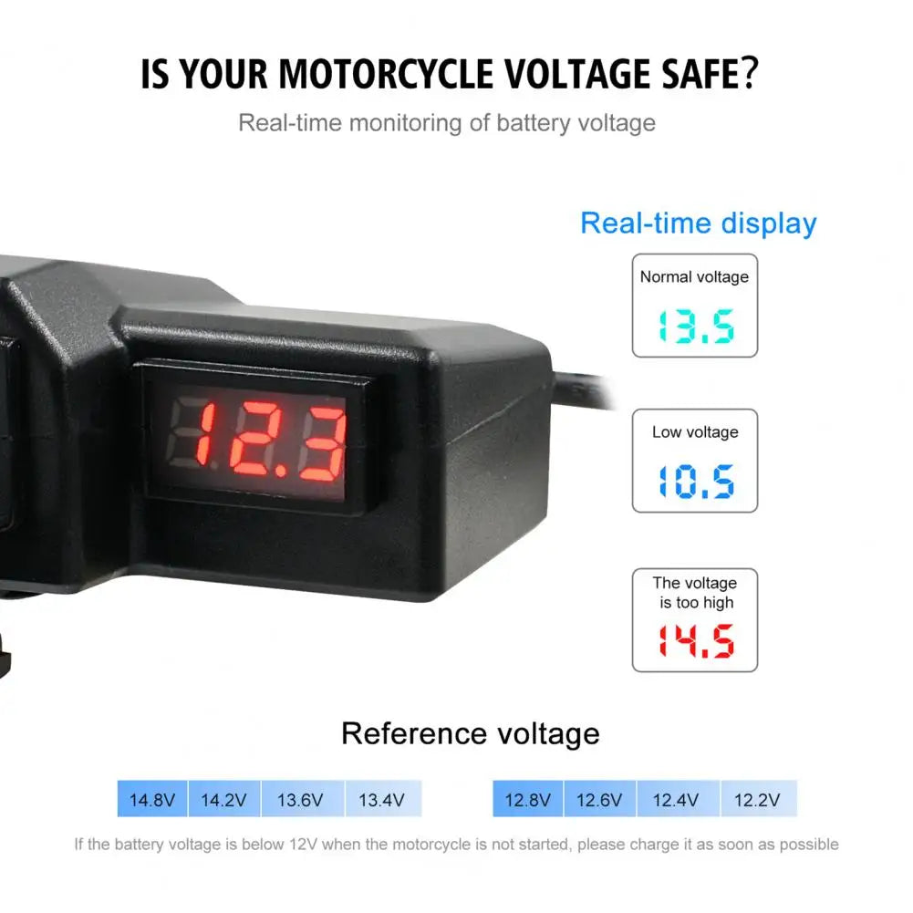 Motorcycle Multifunctional Dual USB Mobile Phone Charger Adapter with Dustproof Cover Motorcycle Handlebar Charger Voltmeter Quake