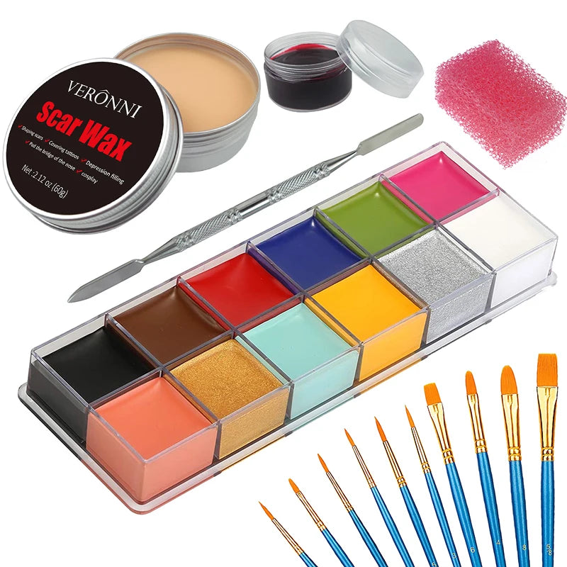 SFX Makeup Kit 12 Color Face Body Paint Oil Stage Special Effects Halloween Wound Scar Wax Makeup Fake Scab Blood Spatula Paint Quake