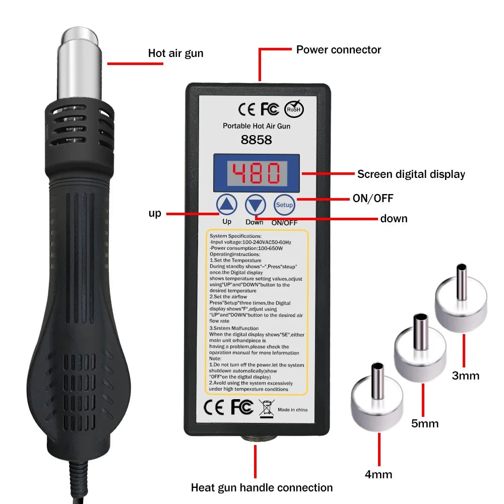 Hot air gun 8858 Micro Rework soldering station LED Digital Hair dryer for soldering 650W Heat Gun welding repair tools Heat Gun Quake