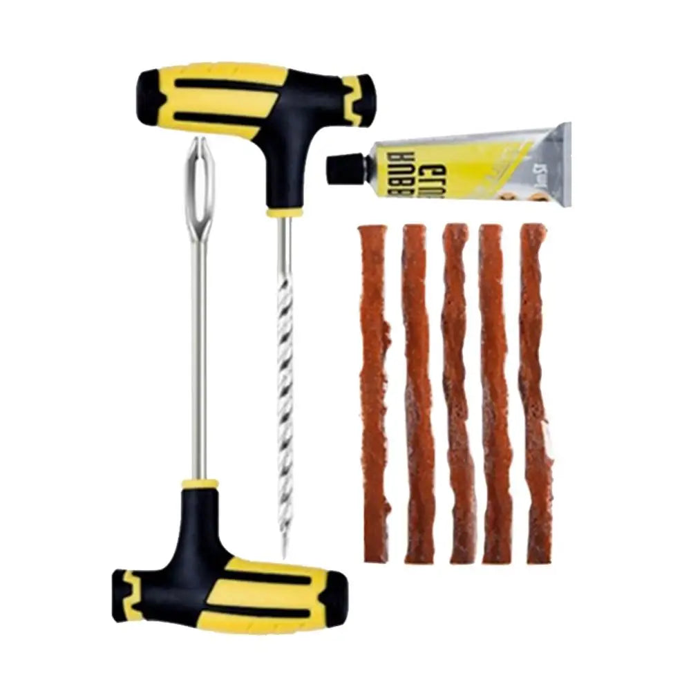 8Pcs Car Tire Glue Repair Strips Vehicle Tubeless Tire Plug Tyre Puncture Repair Kit Needle Patch Tool Insert/Thread Drill Quake YELLOW