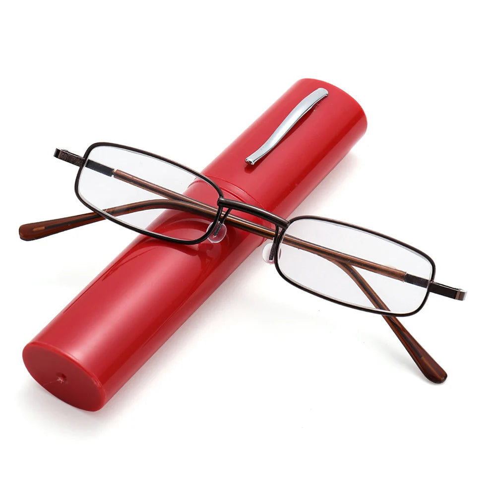 Portable Lightweight Slim Reading Glasses with Tube Case Anti Blue Light Readers Glasses for Men Women Mini Compact Eyeglasses Quake red +100