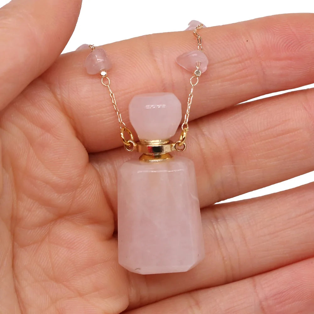 Natural Stone Perfume Bottle Necklace Pink Quartz Pendant Charms For Elegant Women Love Romantic Gift 60 CM Quake 17x36x12mm 60cm