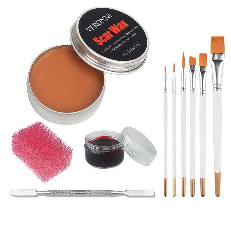 2/4/5PCS SFX Makeup Set Special Effect Halloween Party Wound Scar Wax Makeup with Spatula Sponge to Create a Blood Splash Shape Quake 5pcs-03-6 brushes