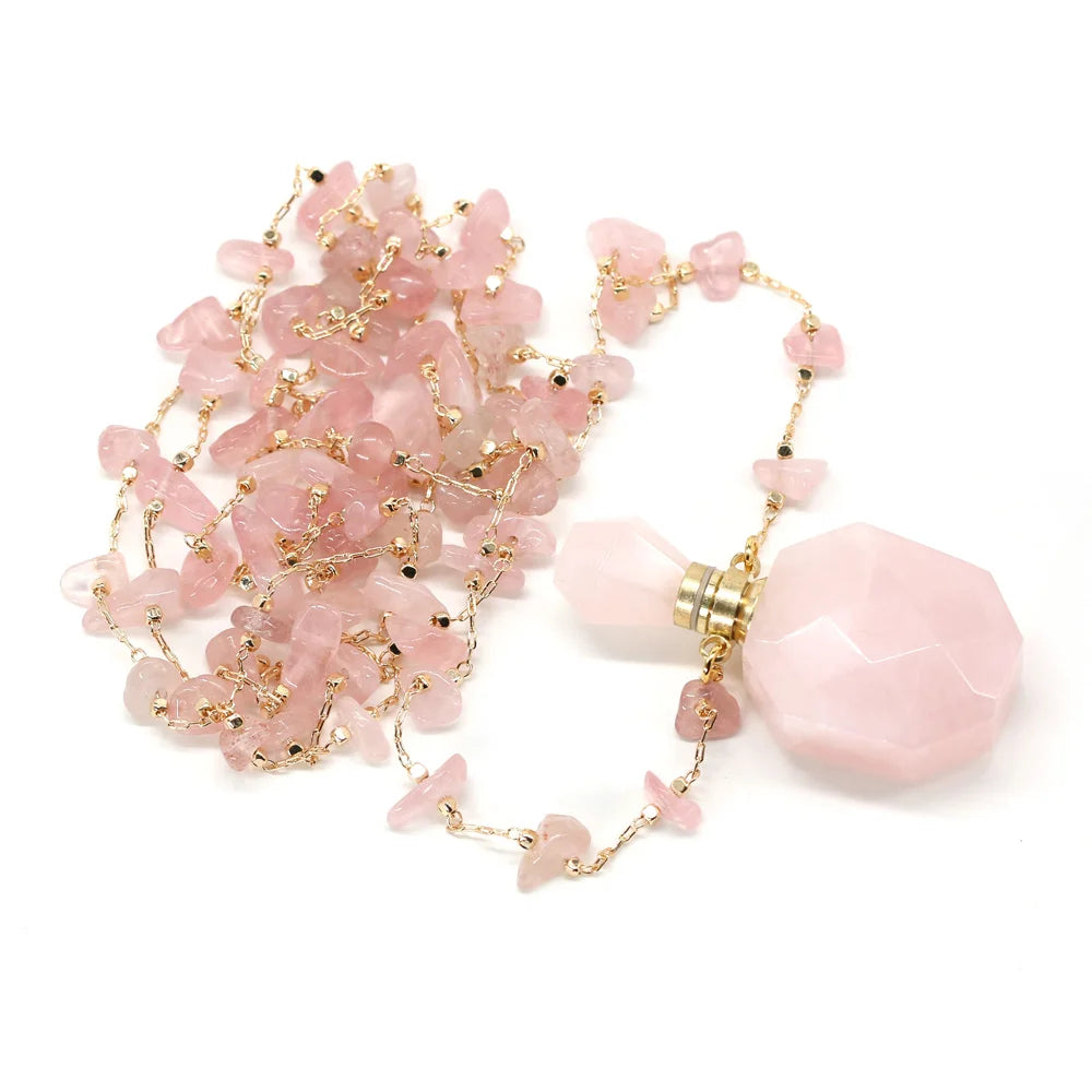 Natural Stone Perfume Bottle Necklace Pink Quartz Pendant Charms For Elegant Women Love Romantic Gift 60 CM Quake