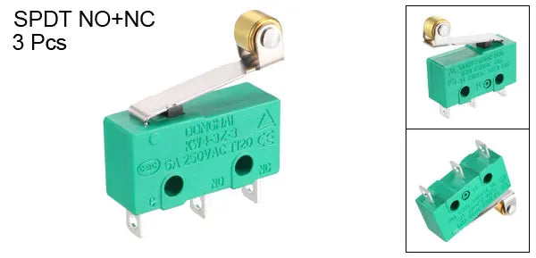 3Pcs KW4-3Z-3 Micro Limit Switch SPDT NO NC 3 Terminals Momentary Hinge Roller Lever Green Microswitch Miniature Micro Switch Quake Roller 3PCS