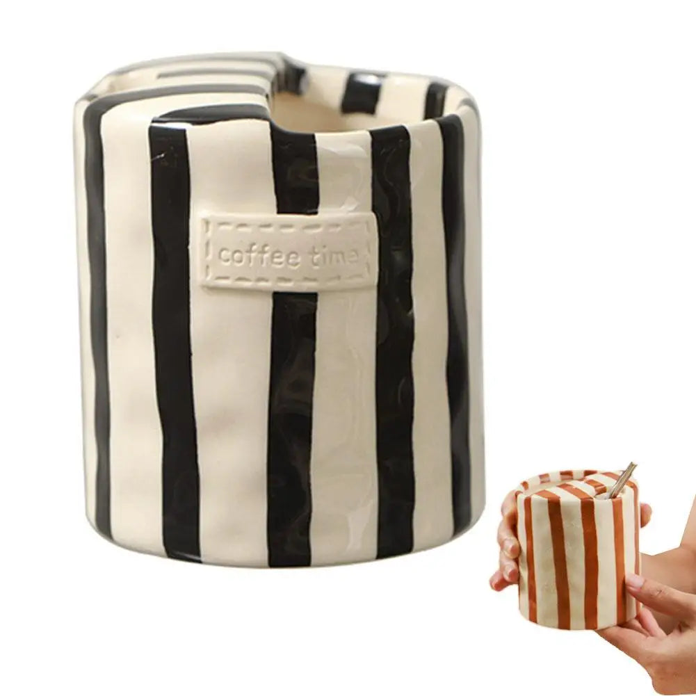 Vintage Stripe Hand Painted Ceramic Mug Creative Dual Compartment Coffee Cup for Office Afternoon Tea Breakfast Quake Black 300ml