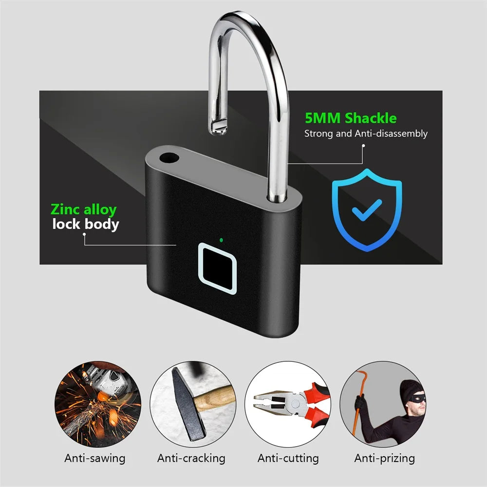Smart Fingerprint Padlock Waterproof Fingerprint Keyless Door Lock Type C Rechargeable Security Padlock for House Quake