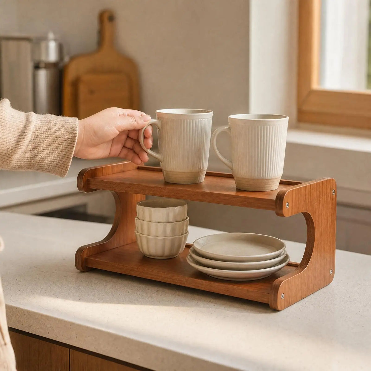 Freestanding Desktop Storage Rack Space-Saving Open-Shelf Tabletop Organizer Compact E-Shaped Desktop Shelf for Kitchen, Dining Quake
