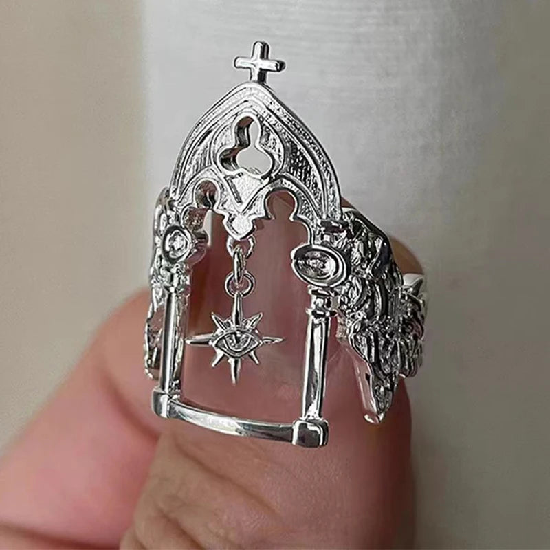 Middle Ancient Style Castle Octagonal Star Ring with Unique Design Sense Open Mouth Art Retro Index Finger Ring Quake