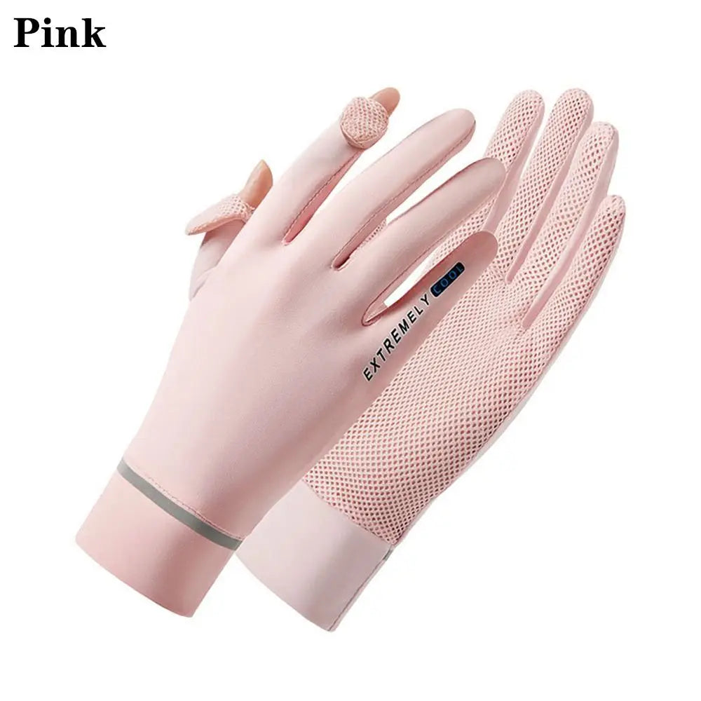 Women Female Thin Sunscreen Anti-UV Gloves Mittens Ice Silk Gloves Sun Protection Gloves Quake pink
