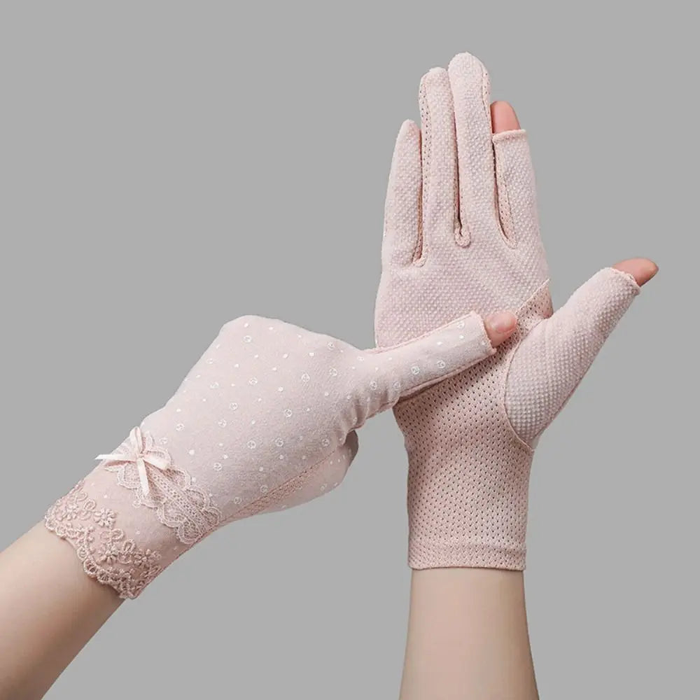 Summer UV Protection Sunscreen Gloves Lace Thin Anti-UV Mittens Elastic Slip Resistant Sun Protection Gloves Women Girls Quake Light pink