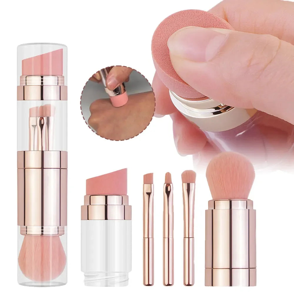 5 In 1 Portable Retractable Makeup Brushes For Foundation Eyebrow Lip Eyeshadow Loose Powder Cosmetic Set Makeup Brush Tools Quake