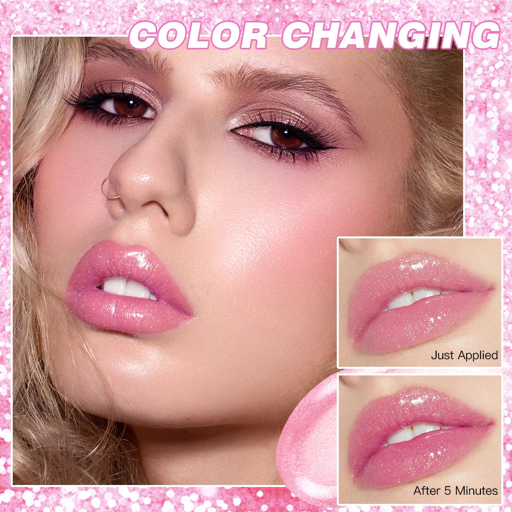 QIBEST Glitter Lipstick Lip Balm Color Change Transparent Moisturizing Crystal Jelly Pearlescent Lip Plumper Gloss Tint Cosmetic Quake
