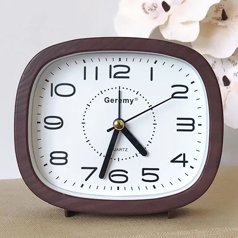Simple retro imitation wood grain alarm clock - home desktop square clock ornament - student large digit bedside clock Quake A