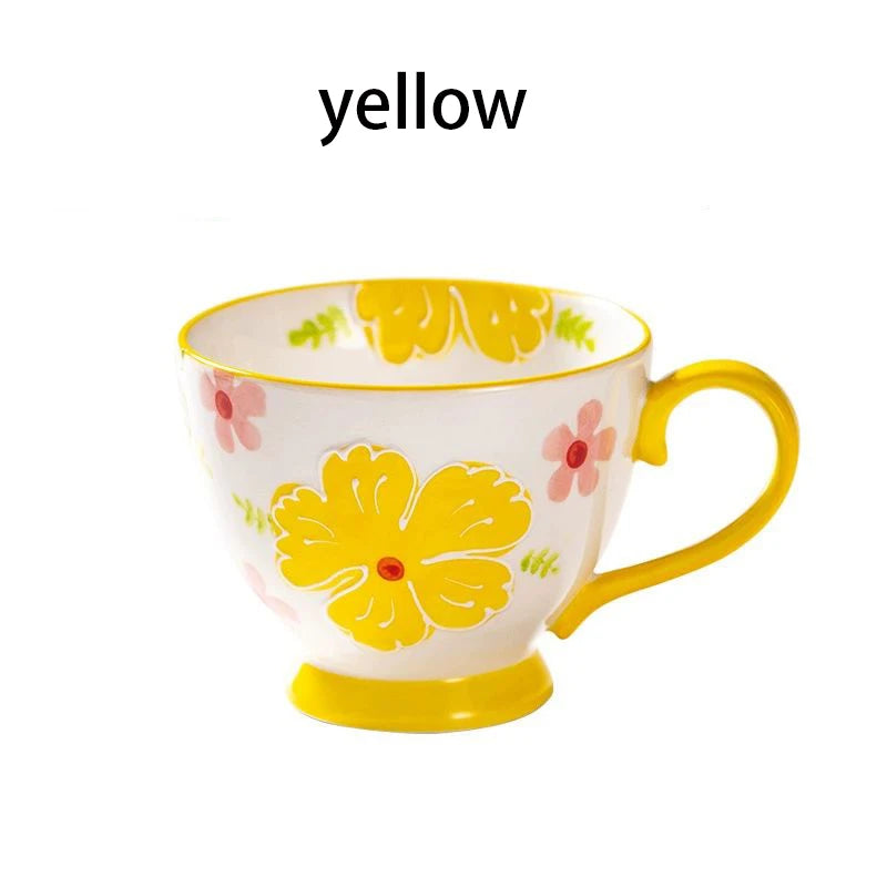 1pcs Flower Ceramic Mug Heat-resistant Breakfast Milk Oat Cup Hand Drawn Large Capacity Juice Handle Cup Microwave Safe 450ml Quake yellow 450ml
