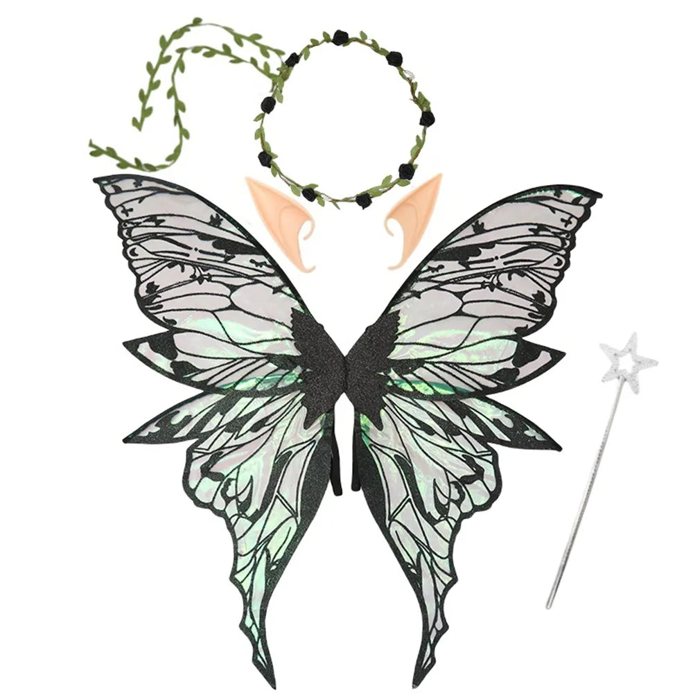 Flower Crown Fairy Costume Set Star Wand Gold Foil Fairy Butterfly Wings Dress-Up Elf Ears Sparkling Angel Wings for Kids Adults Quake Black