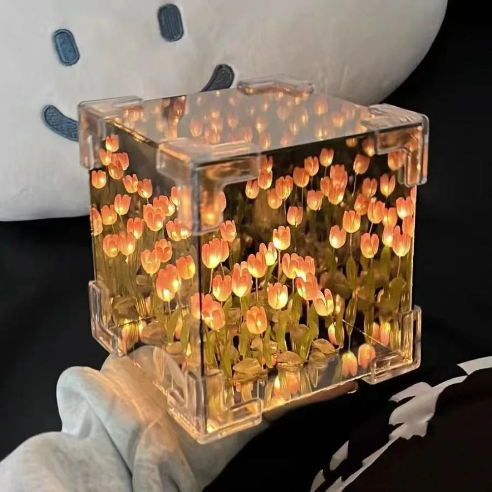 Excluding Gift Bags Tulip Night Light Acrylic 21 Flowers Tulips Flower Table Lamp Magic Cube Handmade DIY Mirror Light Quake Pink