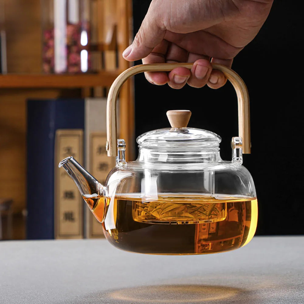 YWDL 1L Glass Teapot With Removable Infuser Bamboo Handle Clear Tea Kettle For Loose Leaf Flower Tea Heat Resistant Tea Pot ﻿ Quake