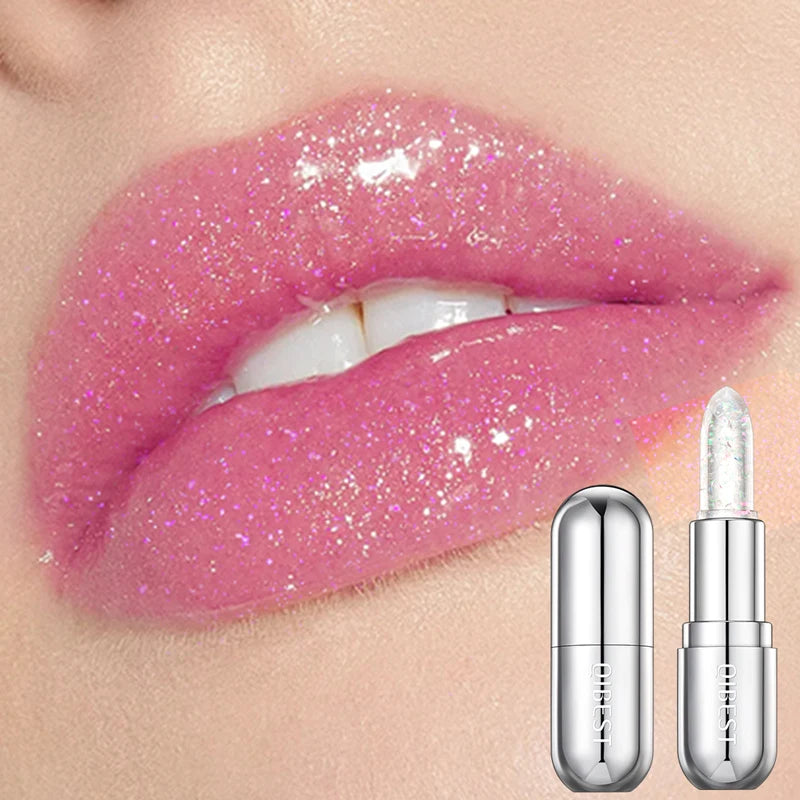 QIBEST Glitter Lipstick Lip Balm Color Change Transparent Moisturizing Crystal Jelly Pearlescent Lip Plumper Gloss Tint Cosmetic Quake qib chunyou02