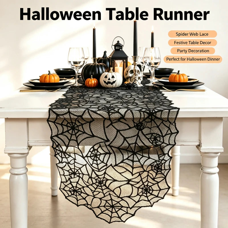 Lace Spider Web Halloween Table Runner Embroidered Table Cover Festive Table Decoration for Themed Party Supplies Quake