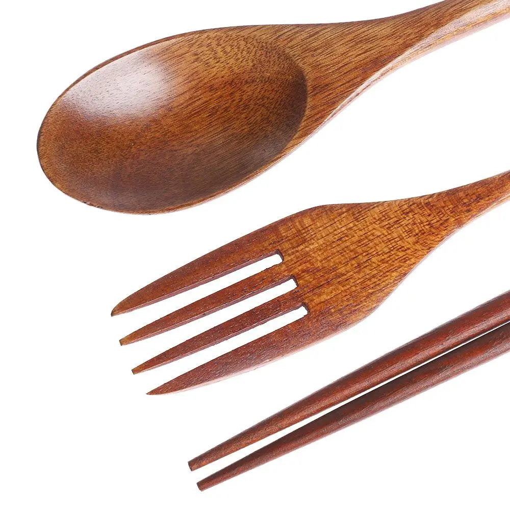 Japanese Style Portable Cutlery Set Spoon Fork Chopsticks Natural Wooden Cloth Bag Quake