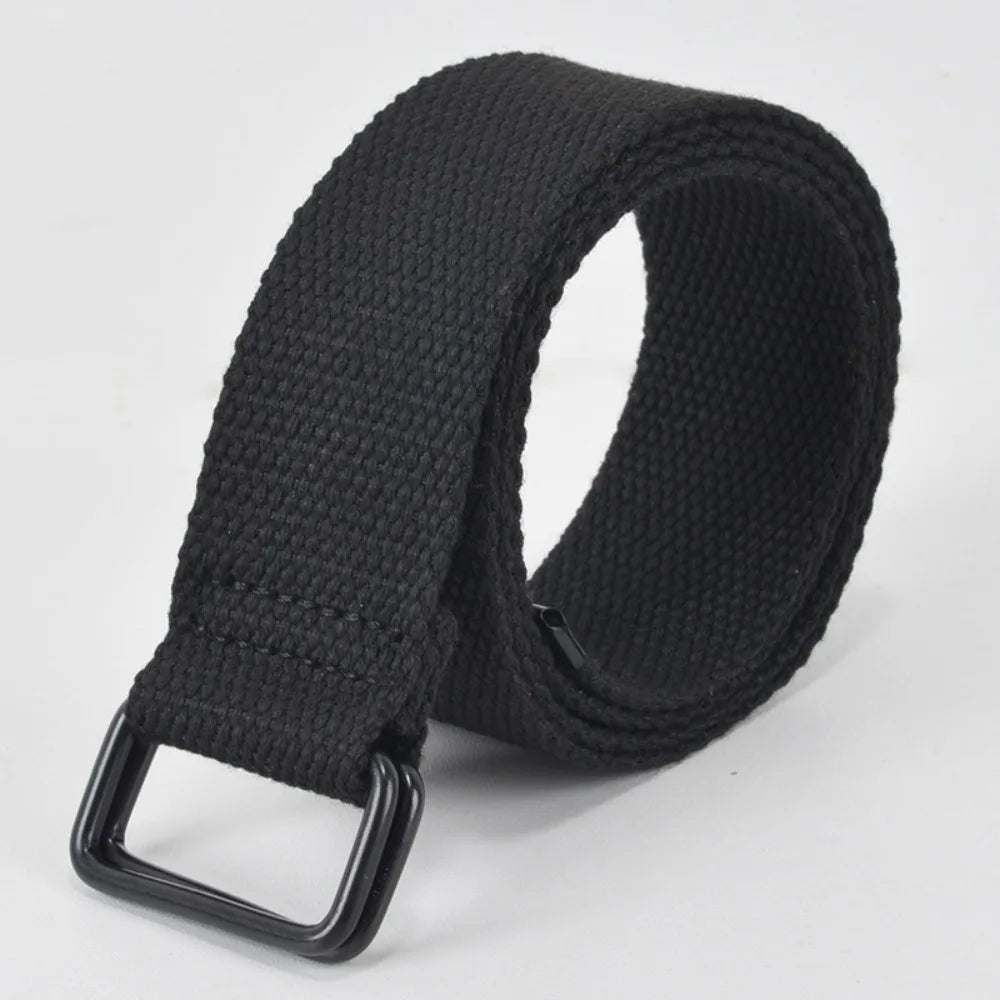 Fashion Free Punch Canvas Belt Double Ring Buckle Cotton Canvas Buckle Belt Cloth Fabric Best Canvas Belts Men's Quake Black 130cm