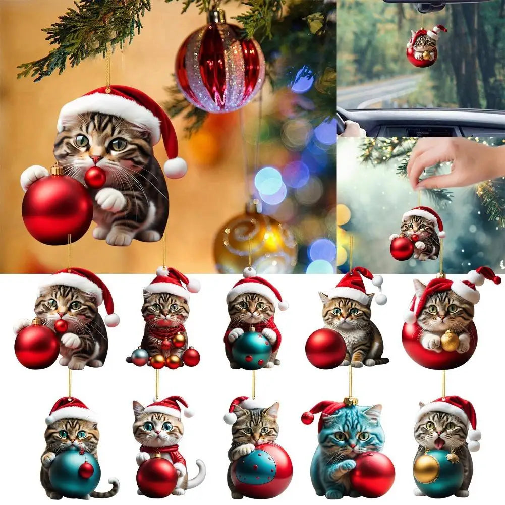 Christmas Tree Cat Ornaments 10PCS Acrylic Hanging Decorations Cute Winter Cat Santa Hat Pendants Xmas Holiday Decor Quake