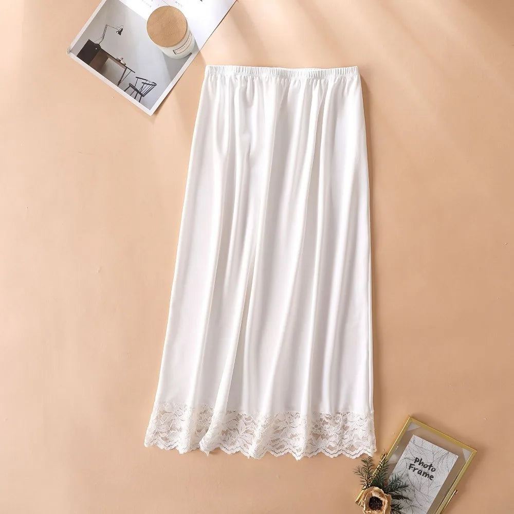 Thin Ice Silk Modal Female Half Length Skirt Anti-glare Lace Underskirt Anti-Penetrating Pure Color Half Slip Dress Petticoat Quake White 70cm M