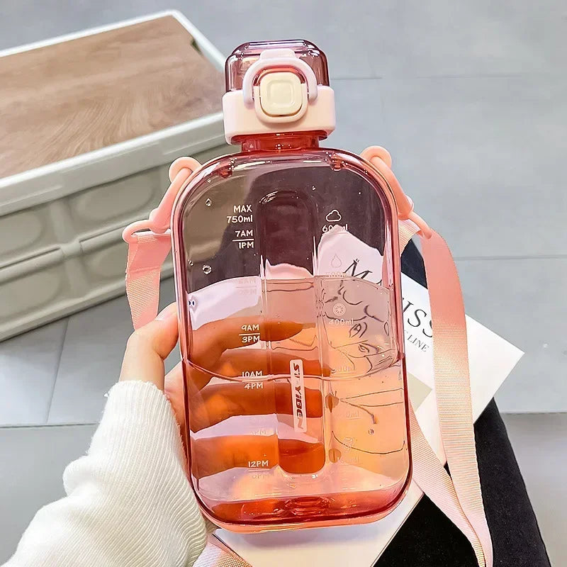 Flat Square Transparent Water Bottle Portable Travel Canteen with Adjustable Strap Elegant Slim Bottle for Sport Camping Quake 750ml Style 2 Pink