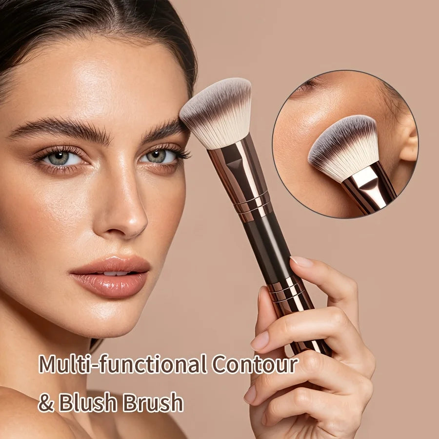 Dual-Ended Makeup Brush - Angled Contour & Flat Head Foundation Brush for BB Cream, Liquid Foundation, Seamless Blending Quake
