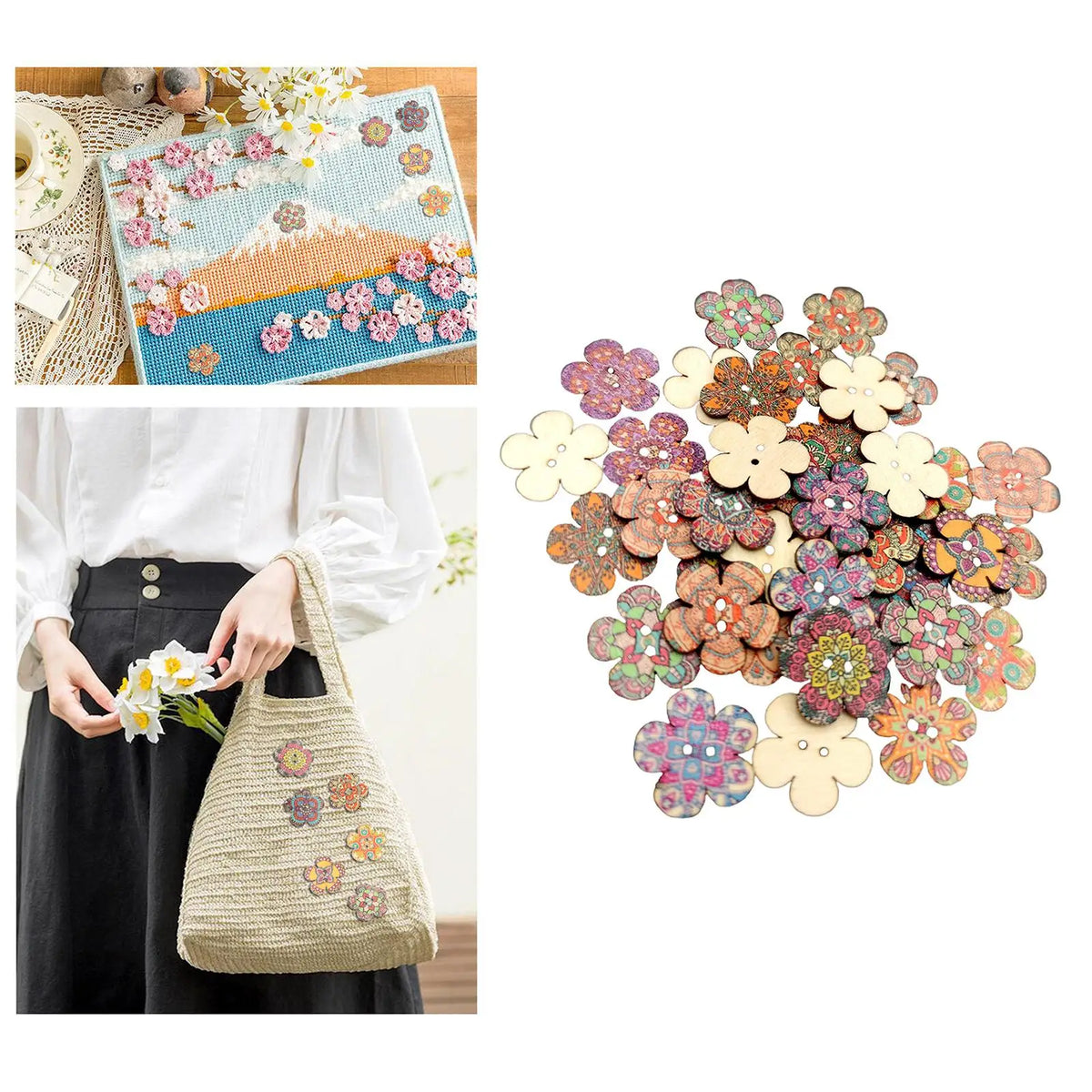 Vintage Painted Buttons Wood Flower Design 20mm Sewing Accessories Craft Supplies for Clothes and Knitwear Quake Color1