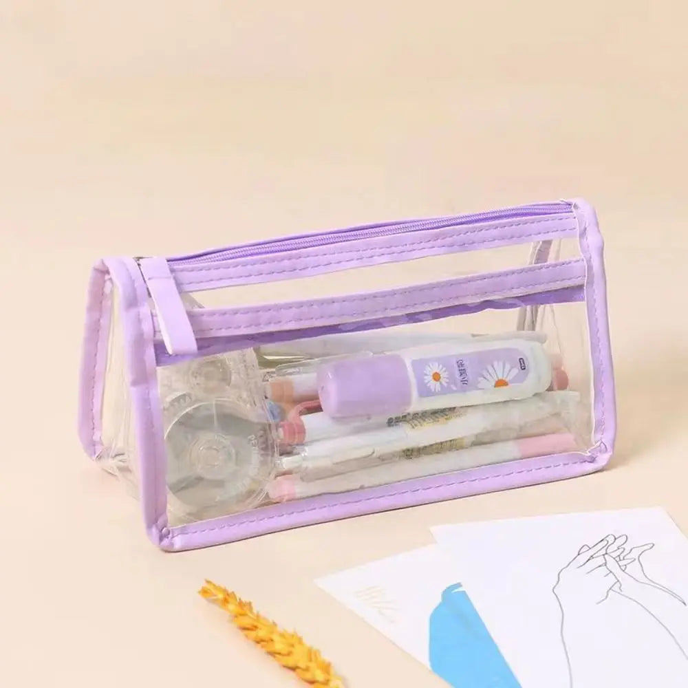 Double-Layer Large Capacity Pen Bag Student Transparent Waterproof Stationery Bag Portable Pencil Case Stationery Organizer Quake Purple