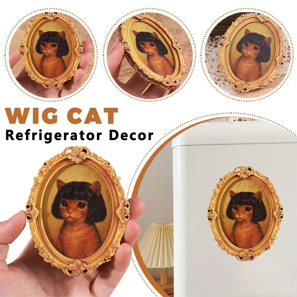 Vintage Wood Oval Photo Frame Fridge Magnet Lovely Wig Cat Pattern Refrigerator Magnetic Sticker Home Kitchen Decoration Quake