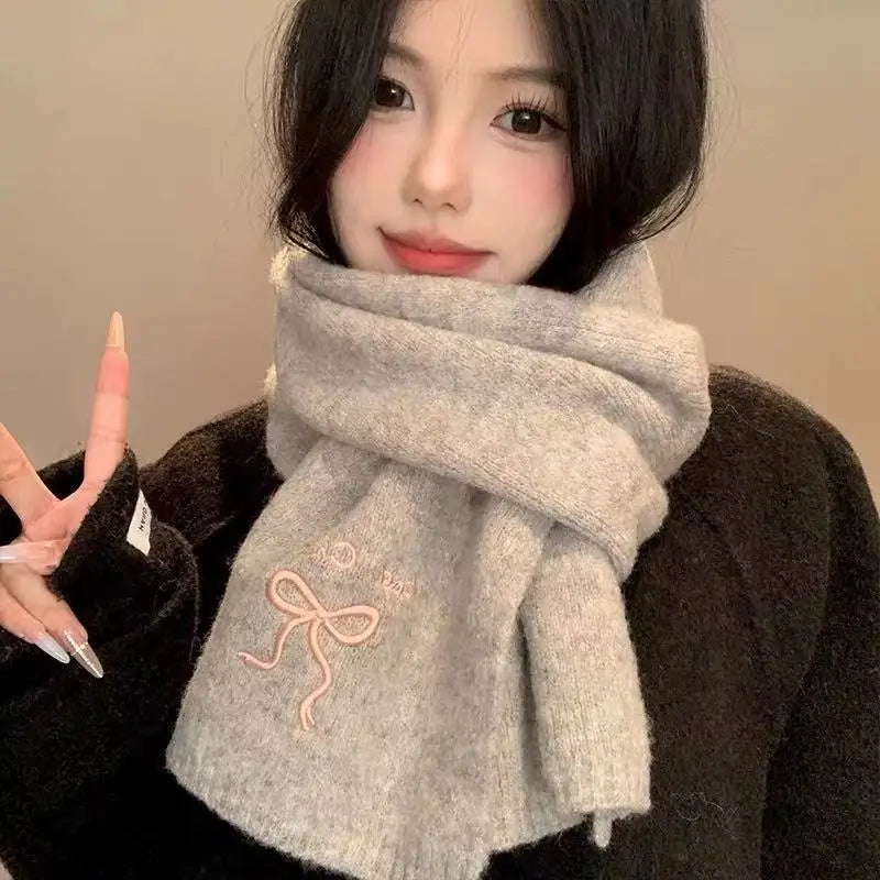 1pc College Style Imitation Cashmere Scarf Winter New Item Solid Color Embroidered Bow Couple Scarf Quake