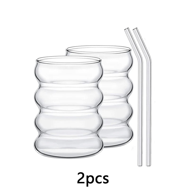 350/480ml Wave Design High Borosilicate Glass Tumbler with Straw Iced Coffee Cup Heat Resistant Tumbler for Cold Beverages Quake 2pcs 350ml 350-480ml