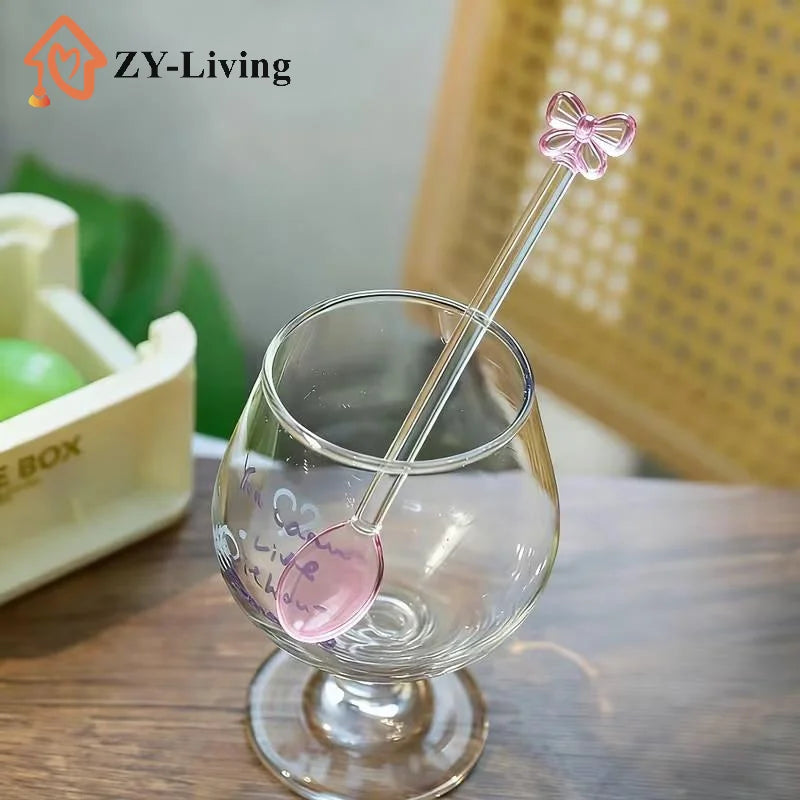 1/2Pcs 15cm Pink Bow Glass Coffee Spoon, Long-handled Dessert/milk Tea Stirring Spoon, Heat-resistant Teaspoon, Kitchen Tool Quake
